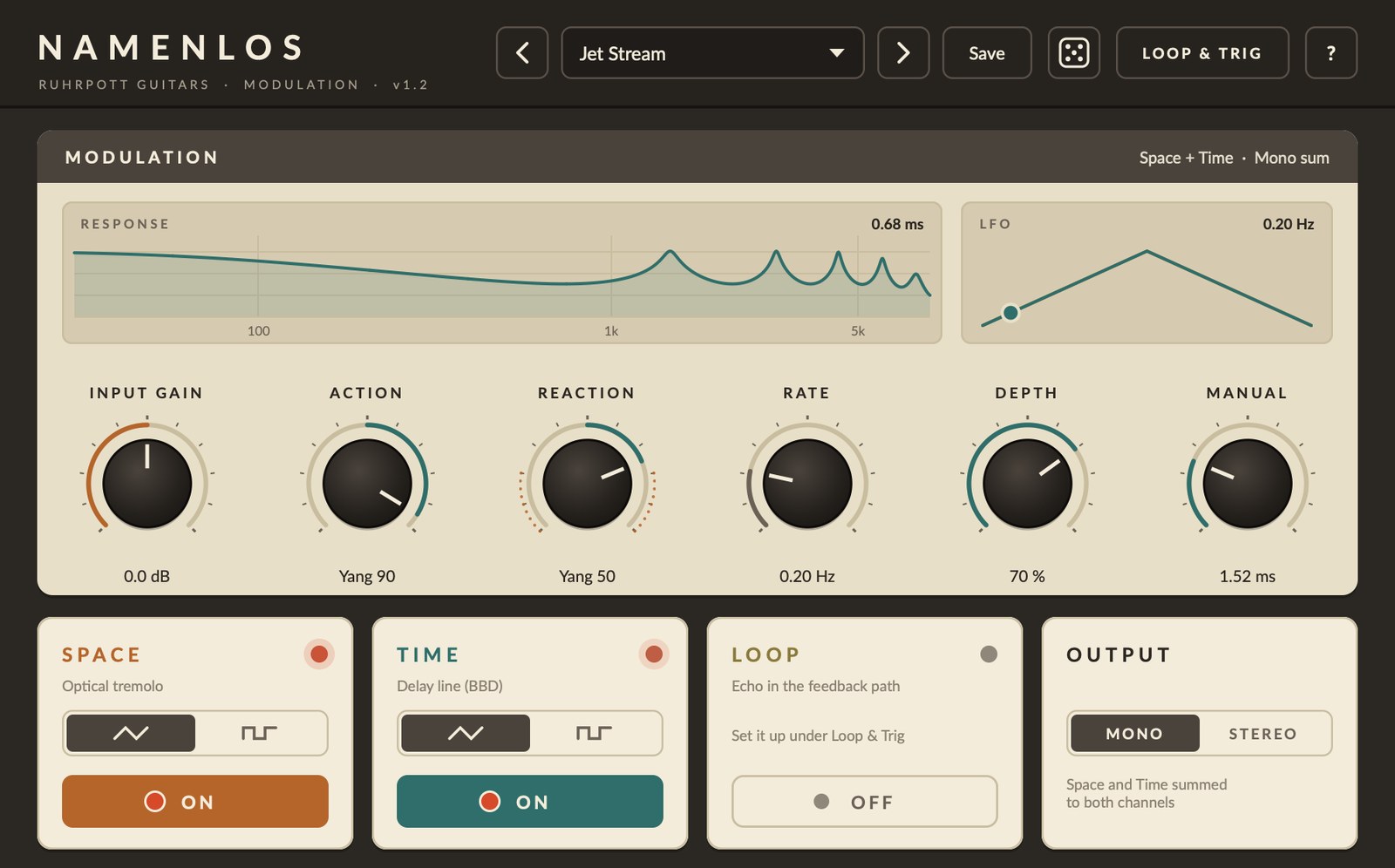 Live-Anzeige von Frequenzgang und LFO, darunter Space, Time, Loop und Output