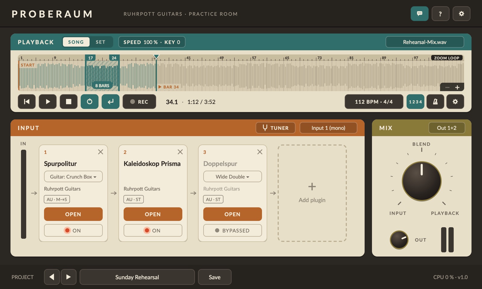 Playback mit SPEED & KEY, Loop, Einzähler, Klick und Aufnahme, darunter drei Plugins im INPUT-Zweig, Stimmgerät und Blend