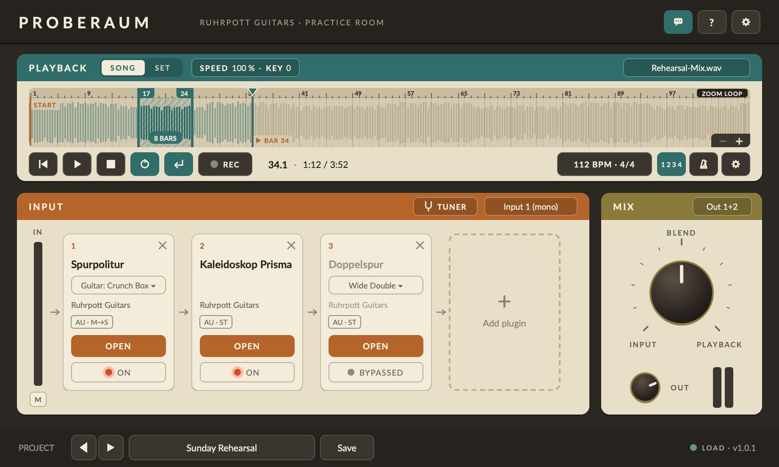 Playback with SPEED & KEY, loop, count-in, click and recording, below it three plugins in the INPUT chain, tuner and Blend